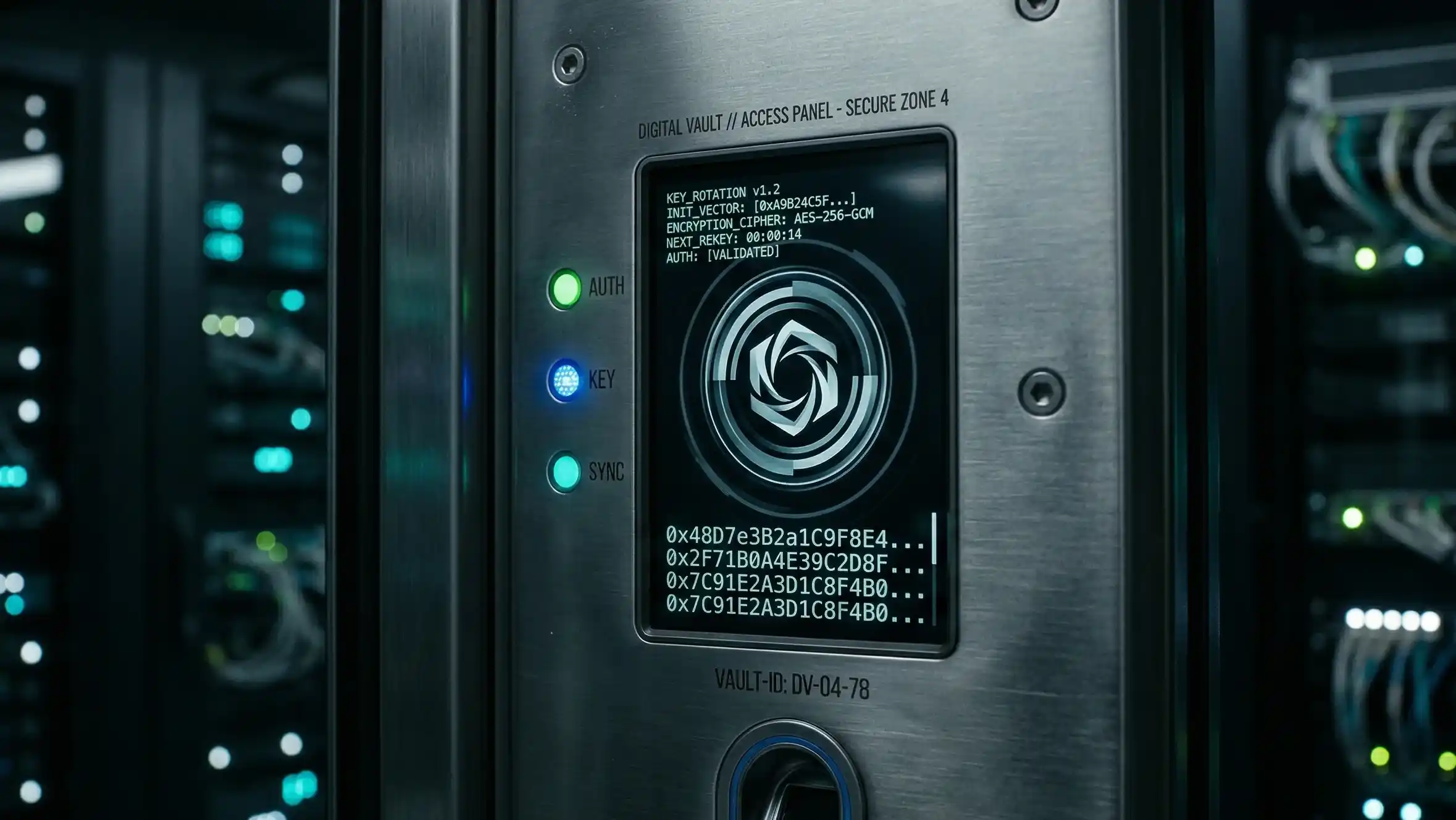 A close-up shot of a brushed-metal digital vault interface displaying complex hexadecimal code and a rotating key animation, with blurred server racks and teal LED lights in the background.