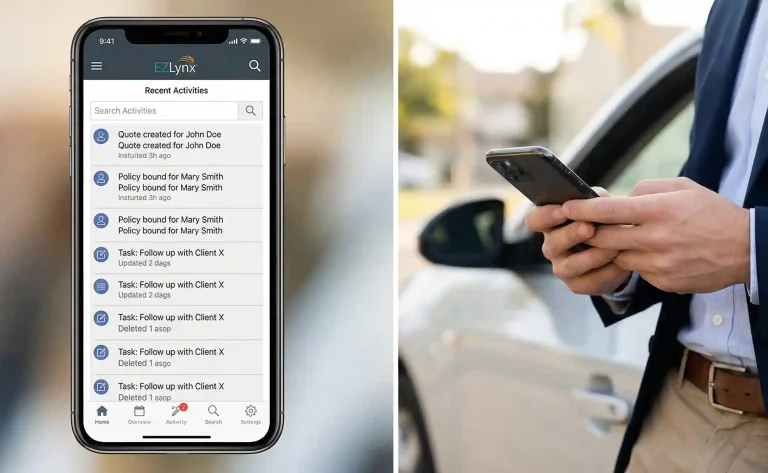 A dual-pane image showing a close-up of the EZLynx mobile app Recent Activities feed and a lifestyle shot of an insurance agent using the app while leaning against a car.