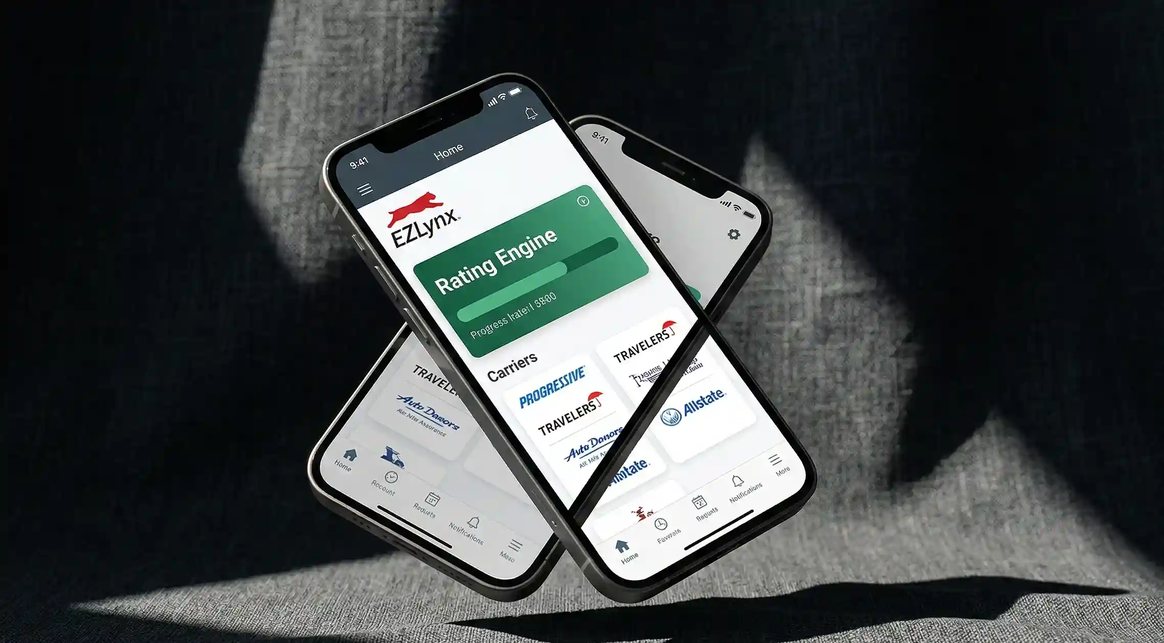 A cinematic hero shot of a smartphone floating over charcoal fabric, displaying the EZLynx Home dashboard with the Rating Engine progress bar and carrier logos.