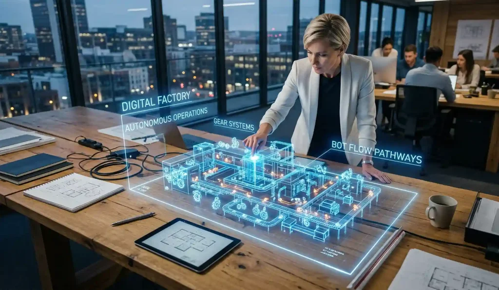 A high-angle, hyper-realistic photo of a female director in a white blazer interacting with a glowing blue 3D holographic blueprint of a "Digital Factory" on a wooden architect's desk. The hologram features intricate gear icons and bot pathways in a professional, cinematic office setting.