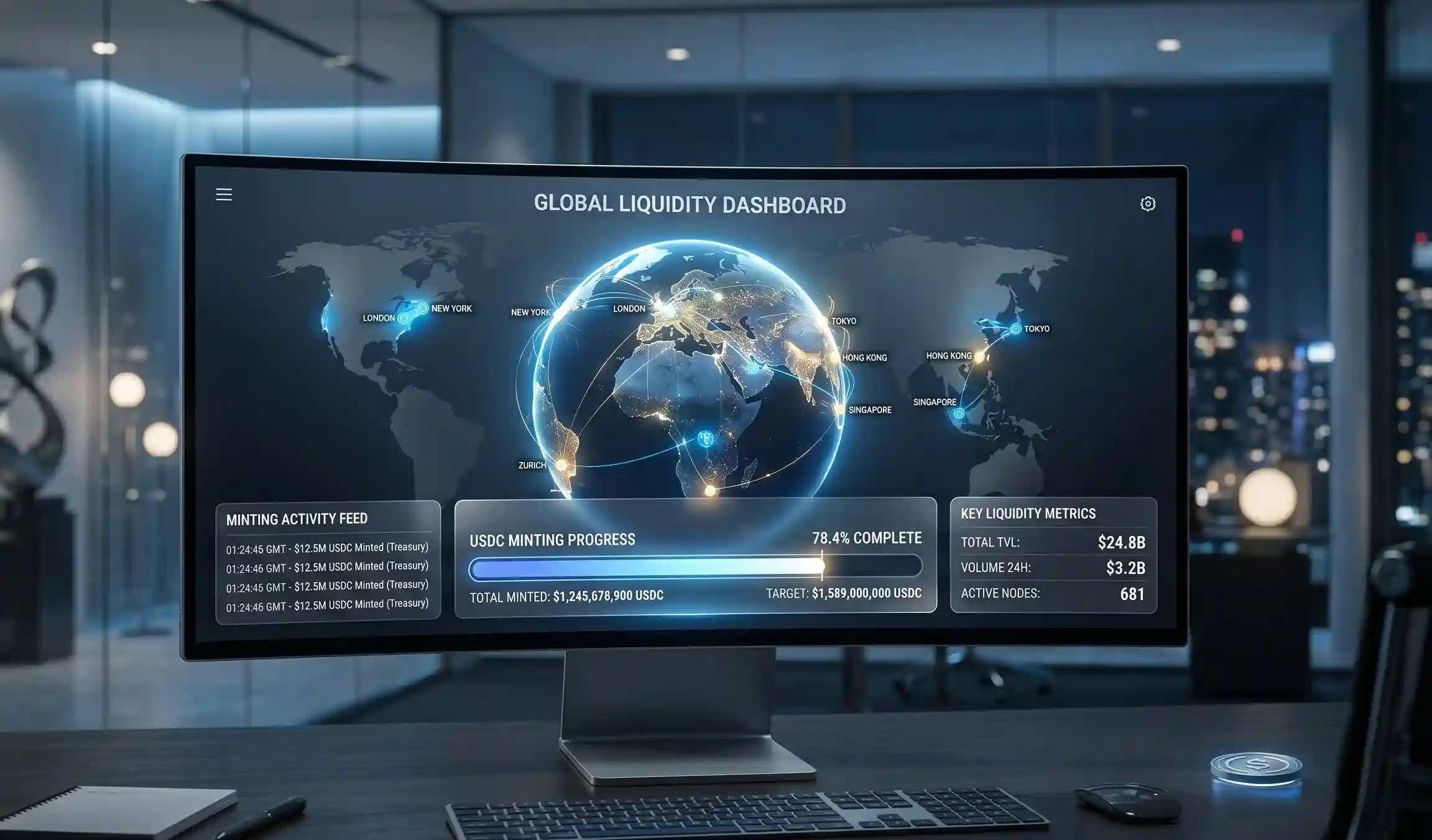A cinematic wide-angle shot of a desktop monitor displaying a 3D rotating globe with glowing connection nodes and a USDC minting progress bar in a minimalist workspace.