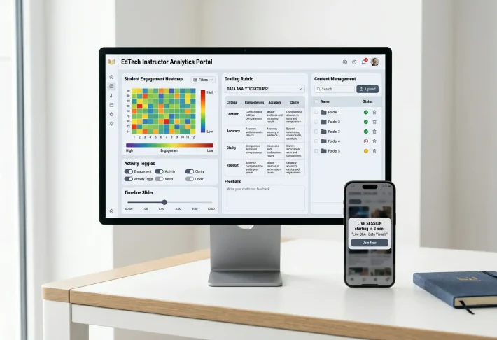 Sleek desktop monitor on a white desk displaying an instructor analytics portal with student engagement heatmaps and grading rubrics.