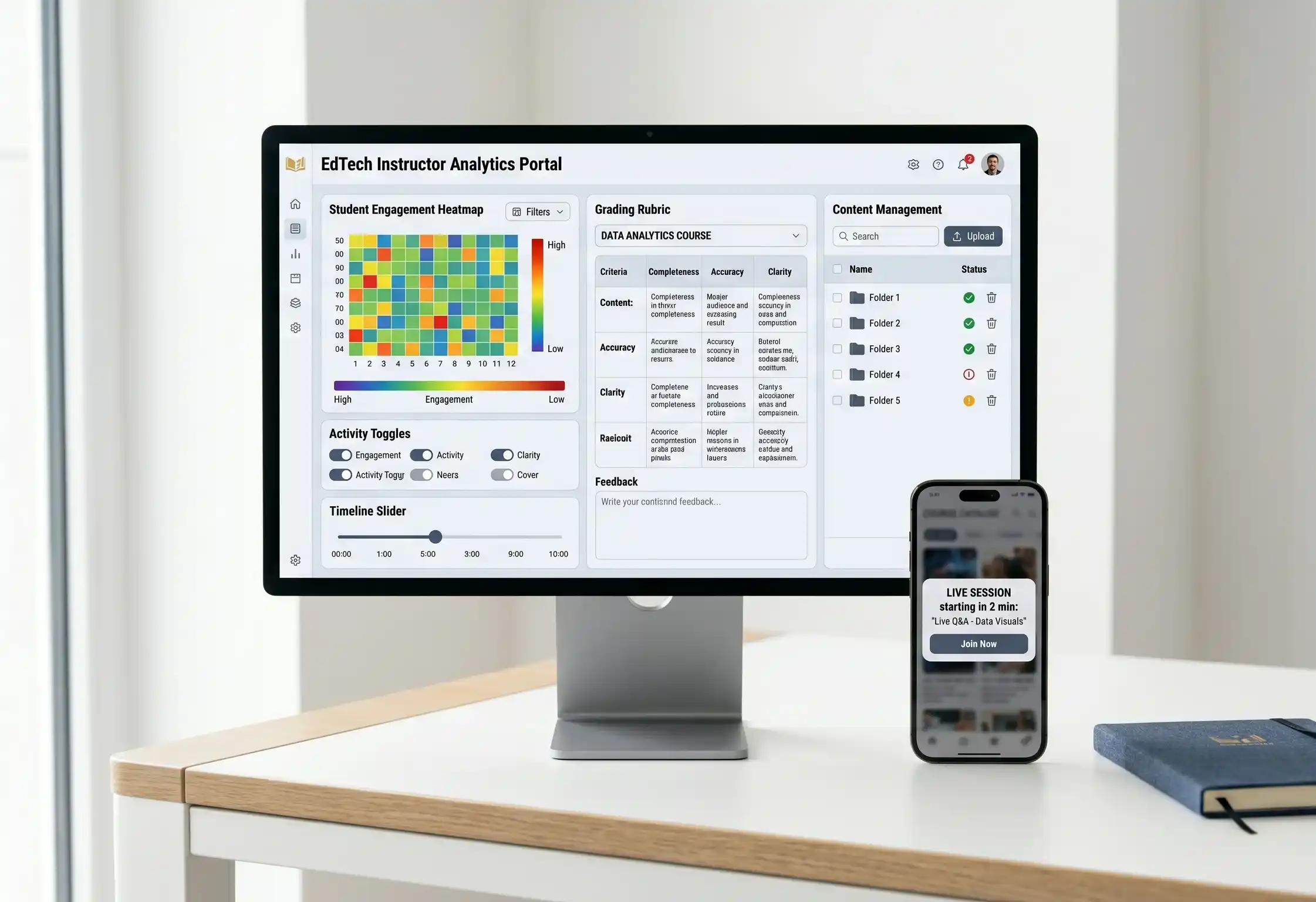 Sleek desktop monitor on a white desk displaying an instructor analytics portal with student engagement heatmaps and grading rubrics.