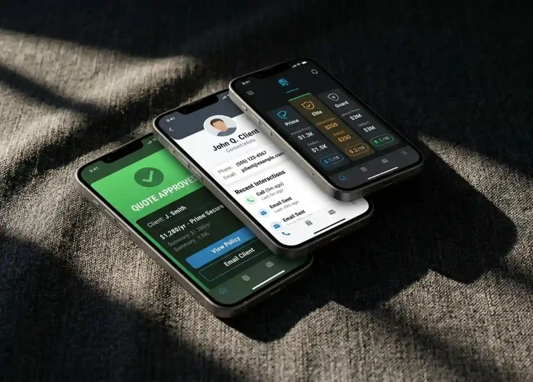 Three space grey iPhones overlapping on a dark charcoal-textured fabric background with dramatic sunlight. The screens show various broker mobile UI features: a "Quote Approved" notification, a client contact card, and a policy comparison.