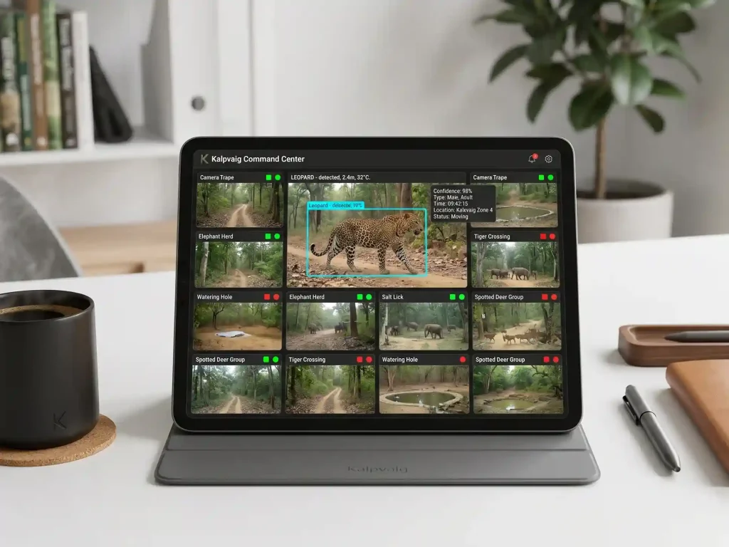 A space grey tablet on a white desk next to a coffee mug. The screen displays a grid of live forest camera feeds, with one feed identifying a leopard with a 98% confidence score.