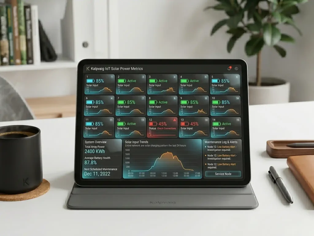 The same tablet setup displaying a technical dashboard of solar power metrics, battery levels, and active status for 15 distributed IoT sensor nodes.