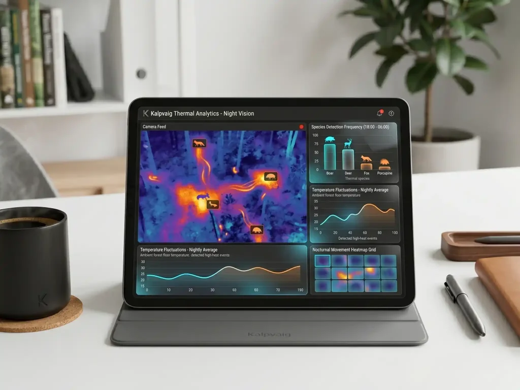 The same tablet setup showing a glassmorphism UI with thermal heatmaps of nocturnal animal movements and temperature fluctuation graphs.