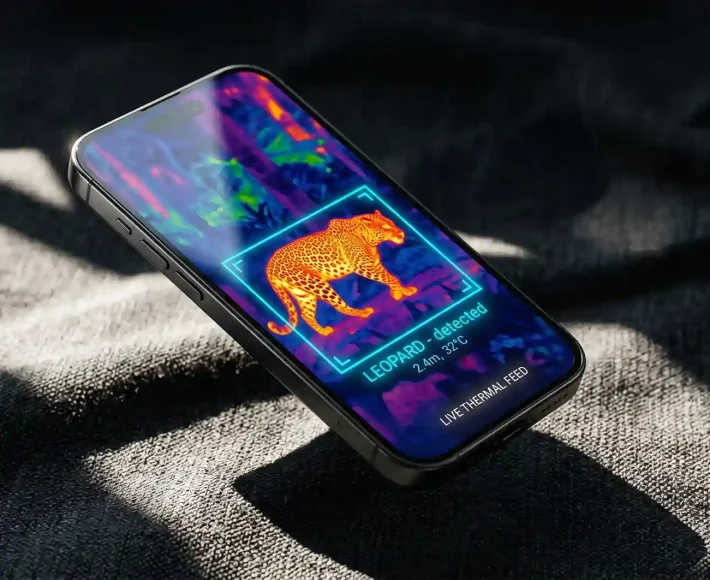 A floating smartphone over a dark charcoal fabric background with harsh sunlight. The screen shows a thermal camera feed of a bright orange leopard with a glowing cyan bounding box.