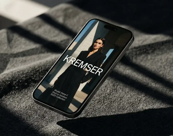 A cinematic, high-angle shot of a smartphone floating diagonally over a dark, textured charcoal fabric. Harsh sunlight creates sharp geometric shadows across the scene. The phone screen displays a high-fashion editorial photo of a model in a black suit with the "KREMSER" logo in bold white typography.