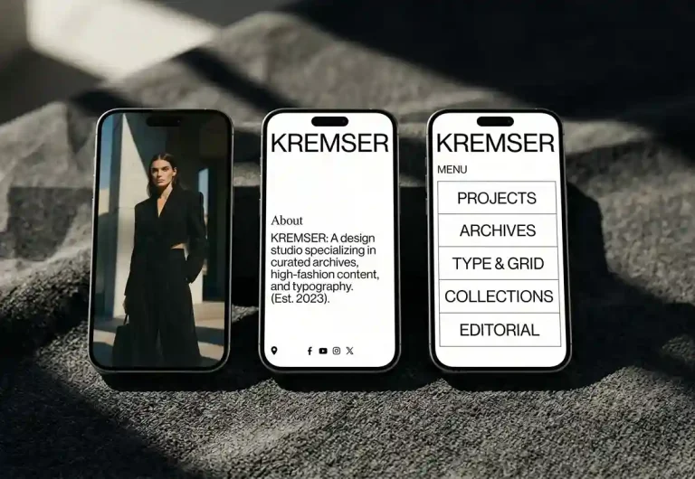 Three space grey iPhones arranged side-by-side on a dark charcoal fabric with dramatic sunlight and shadows. Each screen shows a different part of the Kremser mobile app: a full-bleed fashion photo, an "About" page with elegant serif text, and a clean, stacked project menu.