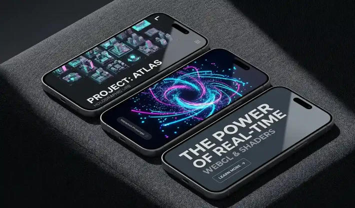 Three space grey smartphones resting on charcoal fabric under harsh geometric lighting, each displaying different elements of the Lusion mobile UI, including 3D grids and typography.