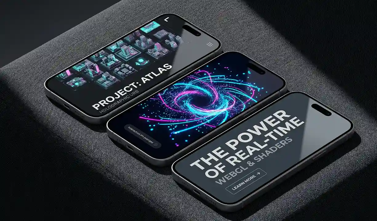 Three space grey smartphones resting on charcoal fabric under harsh geometric lighting, each displaying different elements of the Lusion mobile UI, including 3D grids and typography.