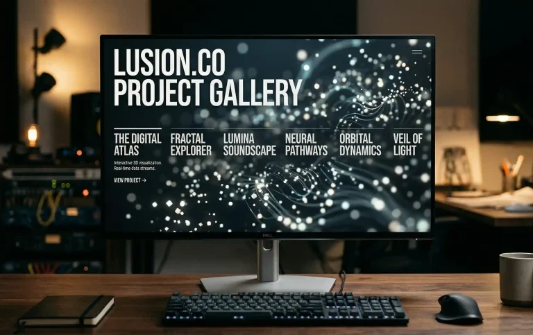 A high-resolution desktop monitor on a wooden desk displaying the Lusion.co Project Gallery with a 3D particle simulation background and bold white typography.
