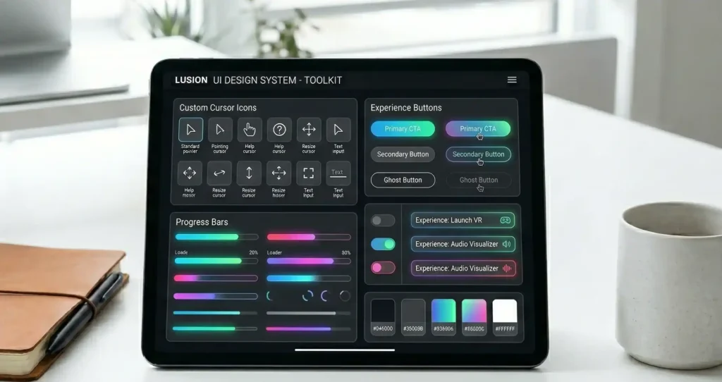 A space grey tablet on a white desk displaying a UI design system featuring custom cursor icons, glowing progress bars, and neon "Experience" buttons in an organized grid.