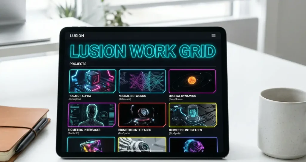A space grey tablet sitting horizontally on a white desk next to a coffee mug, showing a dark-themed UI with neon project thumbnails and the title "Lusion Work Grid."
