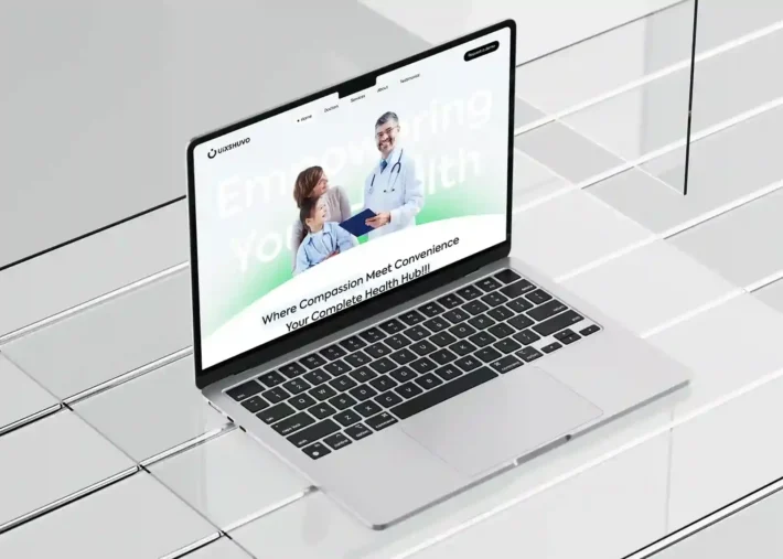 Laptop on a tiled glass surface displaying a healthcare website mockup titled "Empowering Your Health."