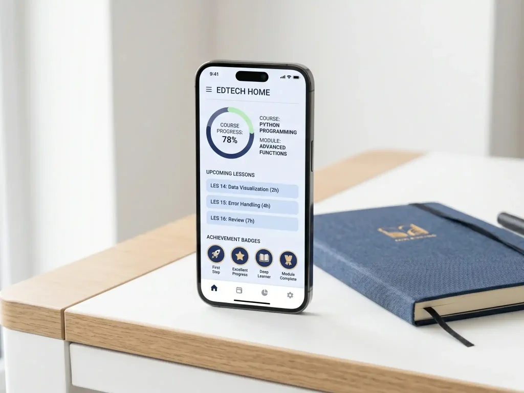 Cinematic hero shot of a smartphone floating over charcoal fabric showing a vibrant EdTech learning dashboard with progress rings.
