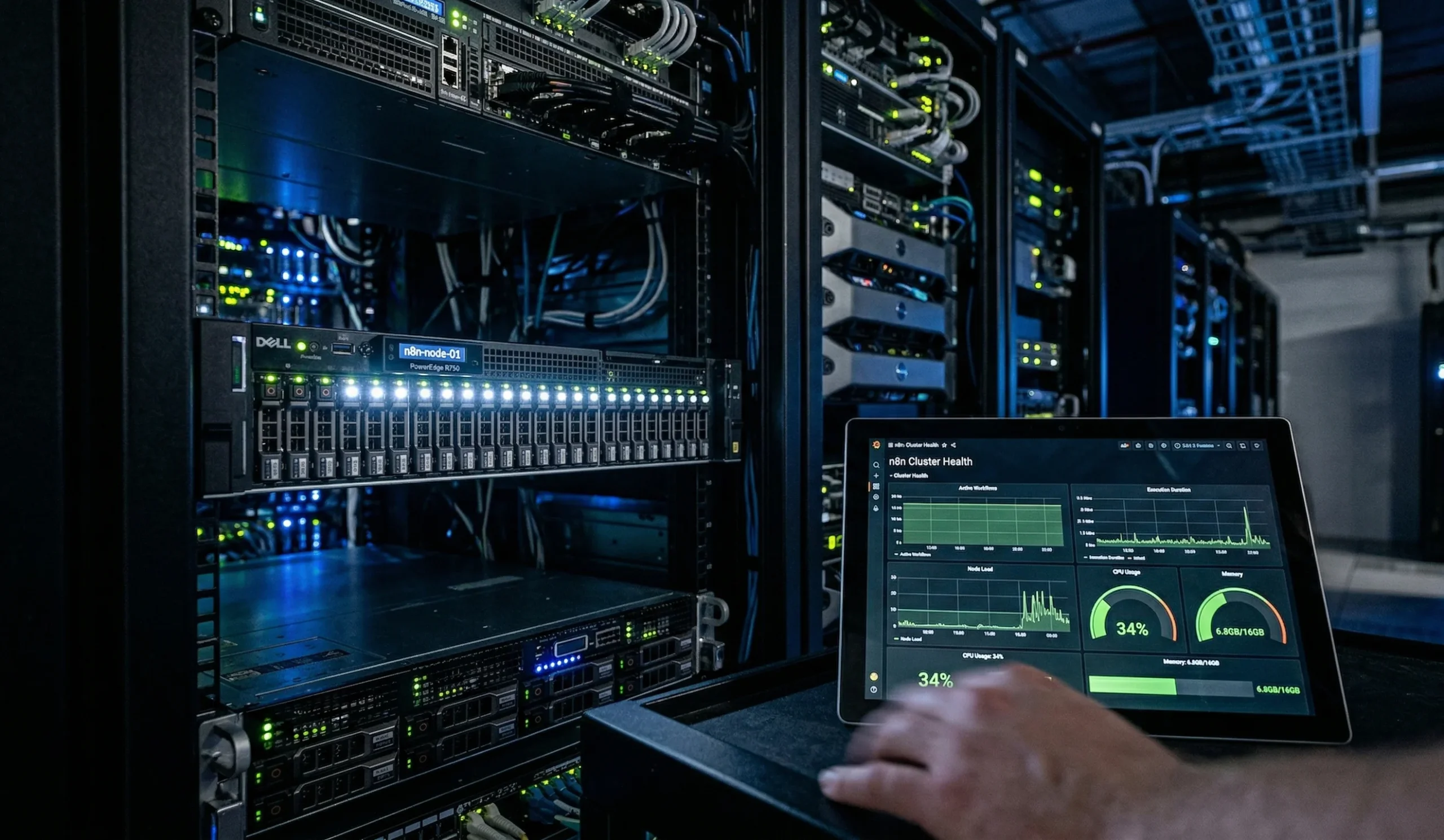 A realistic photograph of a dimly lit data center featuring a server rack with steady white status LEDs. In the foreground, a tablet displays a Grafana dashboard titled "n8n Cluster Health" showing stable green performance metrics.