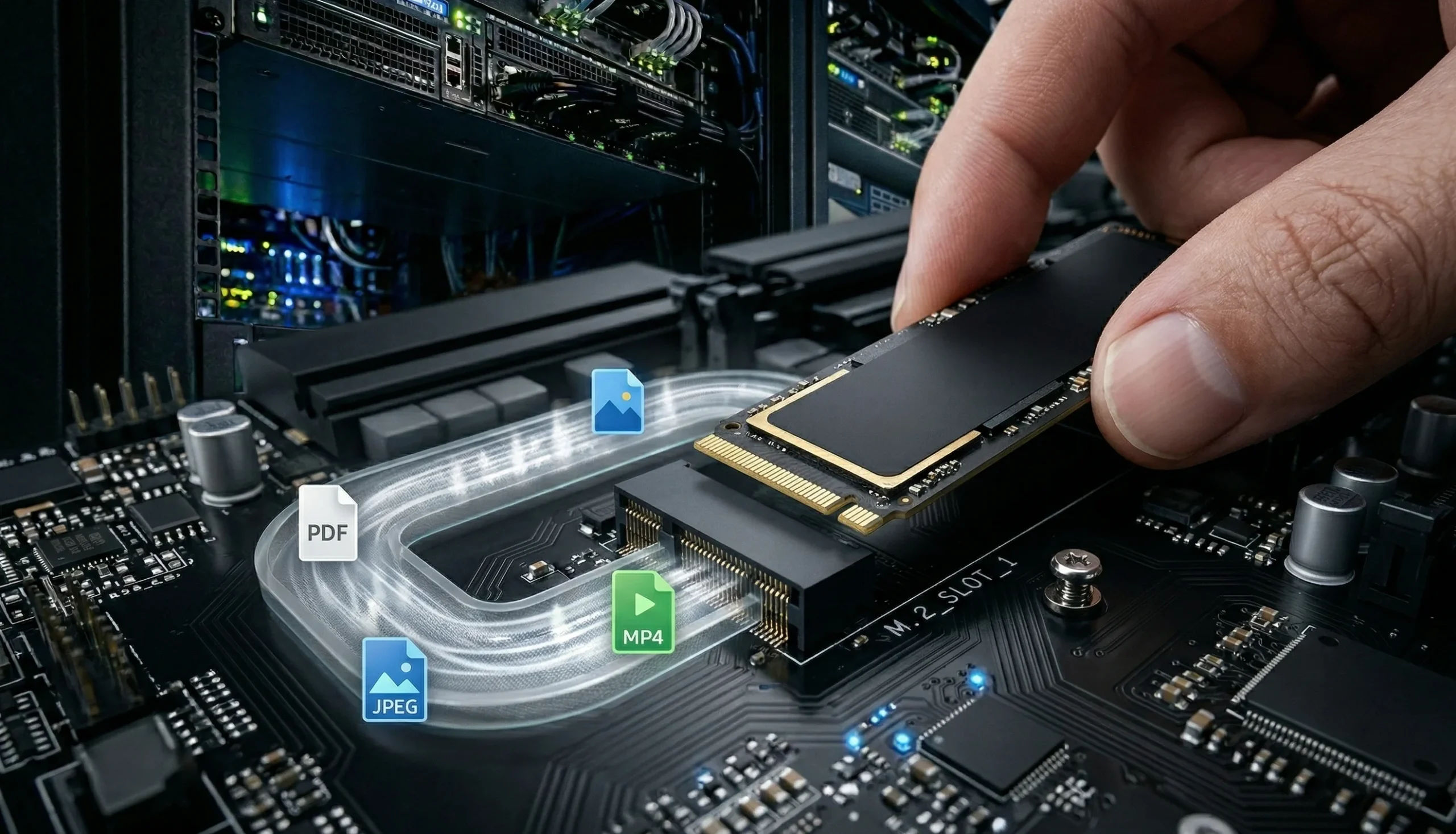 A hyper-realistic macro photograph of an NVMe SSD being installed into a motherboard. Holographic icons for PDF, JPEG, and MP4 files move smoothly through a transparent data tunnel, illustrating the fast and organized data processing of an n8n environment.