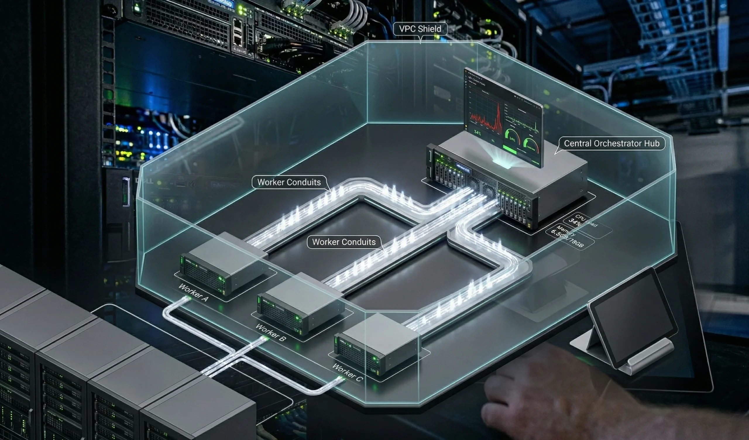 A 3D isometric diagram of a "Data Factory" showing a central n8n Orchestrator hub sending glowing pulses of data to three organized worker units. The entire architecture is encased in a transparent "VPC Shield" within a high-tech facility.