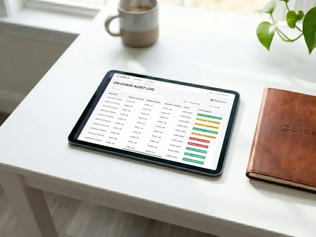 A technical dashboard displayed on a tablet showing a list of verified blockchain transaction hashes and colorful KYC/AML status badges.
