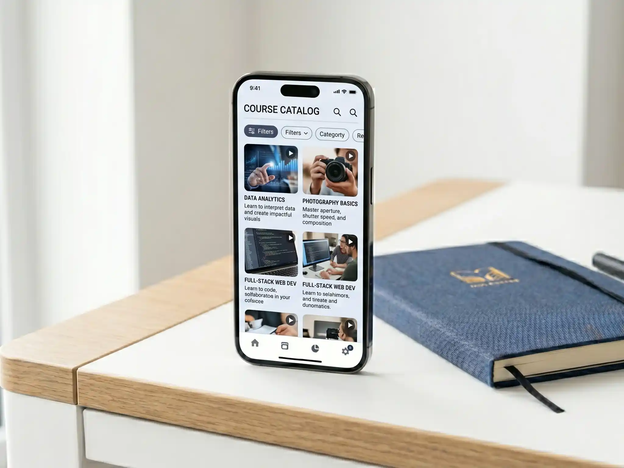 Realistic wide-angle photo of a smartphone screen showing an interactive drag-and-drop code builder with a green success glow.