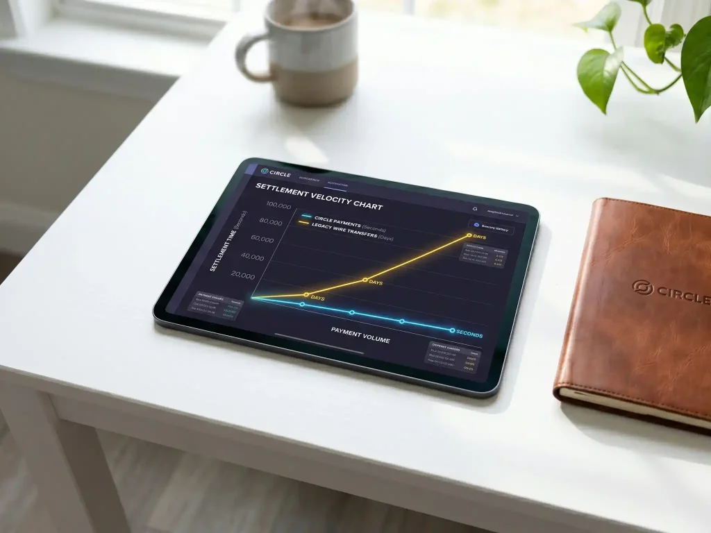 A top-down view of a tablet screen comparing legacy wire transfer speeds with Circle payment speeds using a sleek neon line graph on a dark UI.
