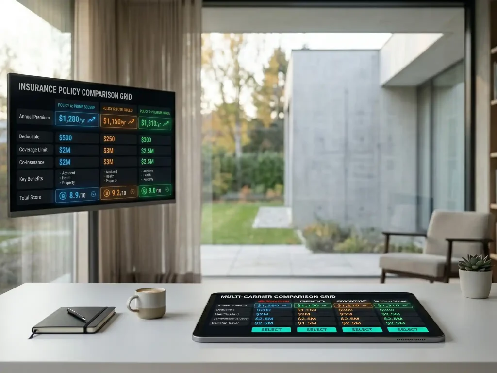 A wide-angle photo of the same tablet and desk setup. The screen has transitioned to a Client CRM Dashboard, displaying a list of active applications and a "Quote Velocity" performance chart.