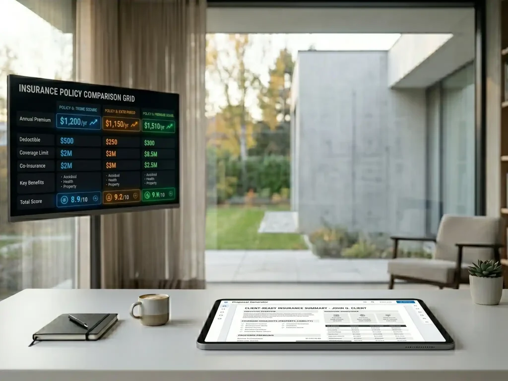 A wide-angle photo of a space grey tablet on a white desk next to a coffee mug. The tablet screen shows a Multi-Carrier Comparison Grid with insurance brands in columns and vibrant teal "Select" buttons.