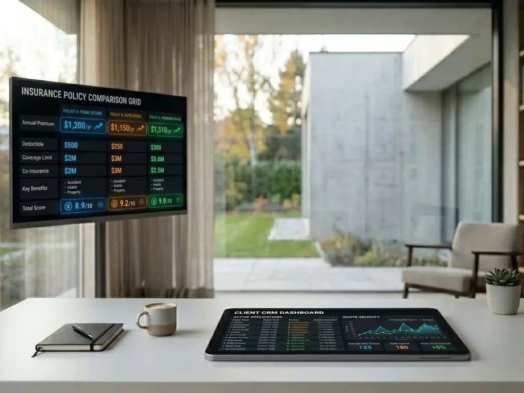 A wide-angle photo of the same tablet and desk setup. The screen displays a Proposal Generator showing an interactive PDF preview of a client-ready insurance summary with elegant typography.