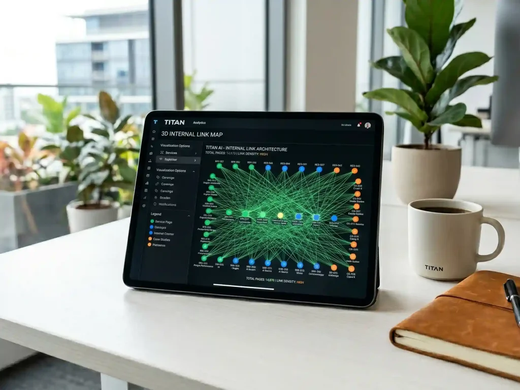A high-resolution photo of a tablet displaying a 3D Internal Link Map with glowing green nodes and data points representing a technical website architecture.