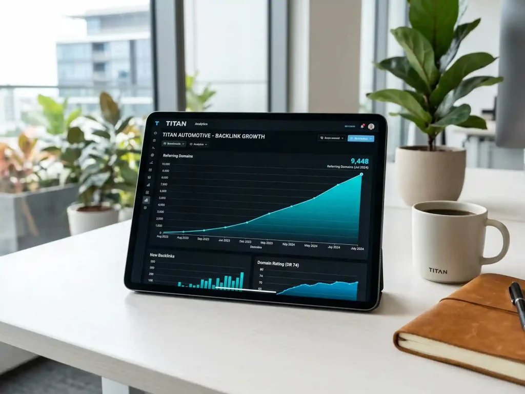 A space grey tablet on a white desk showing a Backlink Growth chart for Titan Automotive with a steady upward trend reaching 9,448 referring domains.