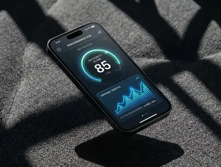 A cinematic hero shot of a smartphone floating over a charcoal fabric background, displaying the Titan Performance Hub with an Authority Score of 85/100 and an organic traffic chart.