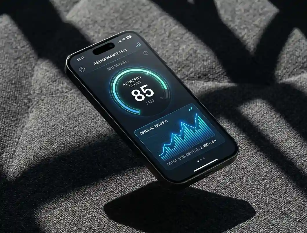 A cinematic hero shot of a smartphone floating over a charcoal fabric background, displaying the Titan Performance Hub with an Authority Score of 85/100 and an organic traffic chart.