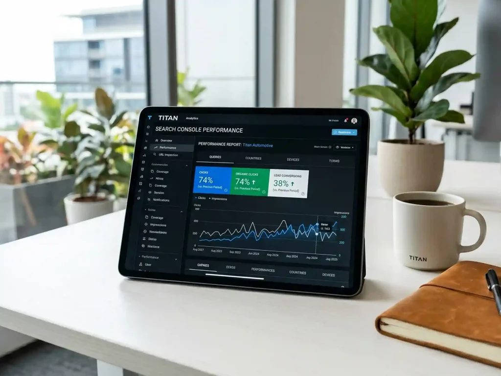 A wide-angle photo of a tablet on a desk displaying a Search Console dashboard with a 74% increase in organic clicks and 38% growth in lead conversions.