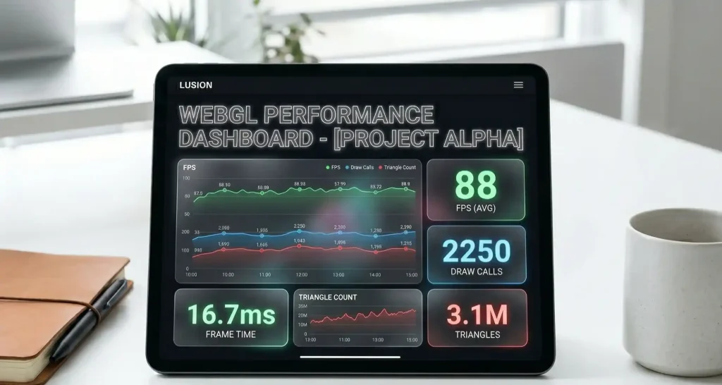 A minimalist tablet display showing a WebGL performance dashboard with glassmorphism overlays, real-time FPS line graphs, and technical metrics like frame time and triangle count.