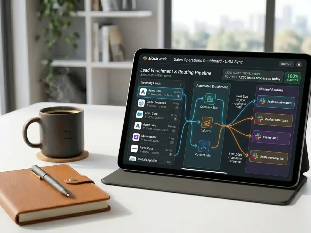 The same tablet setup showing a lead enrichment and routing pipeline where leads are automatically sorted into specific Slack channels based on deal size.