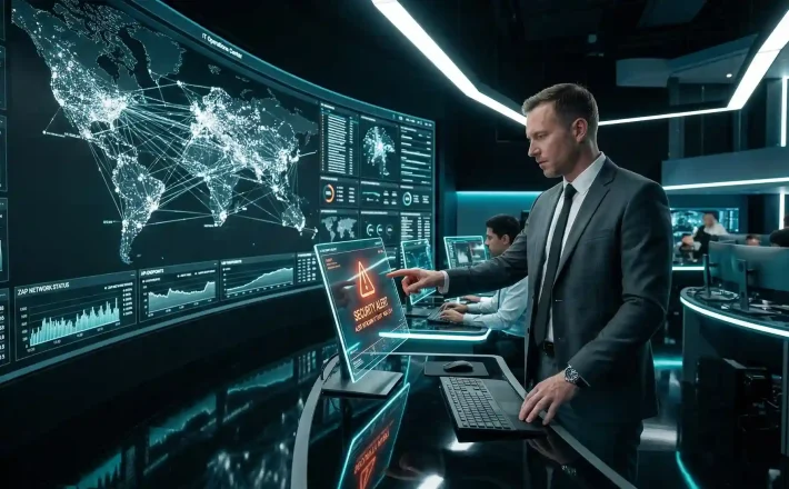 A wide-angle view of a futuristic IT operations center at night where an IT Director points to a security alert on a holographic terminal in front of a massive digital dashboard.
