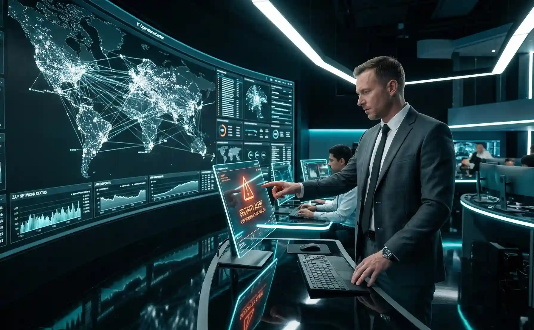 A wide-angle view of a futuristic IT operations center at night where an IT Director points to a security alert on a holographic terminal in front of a massive digital dashboard.