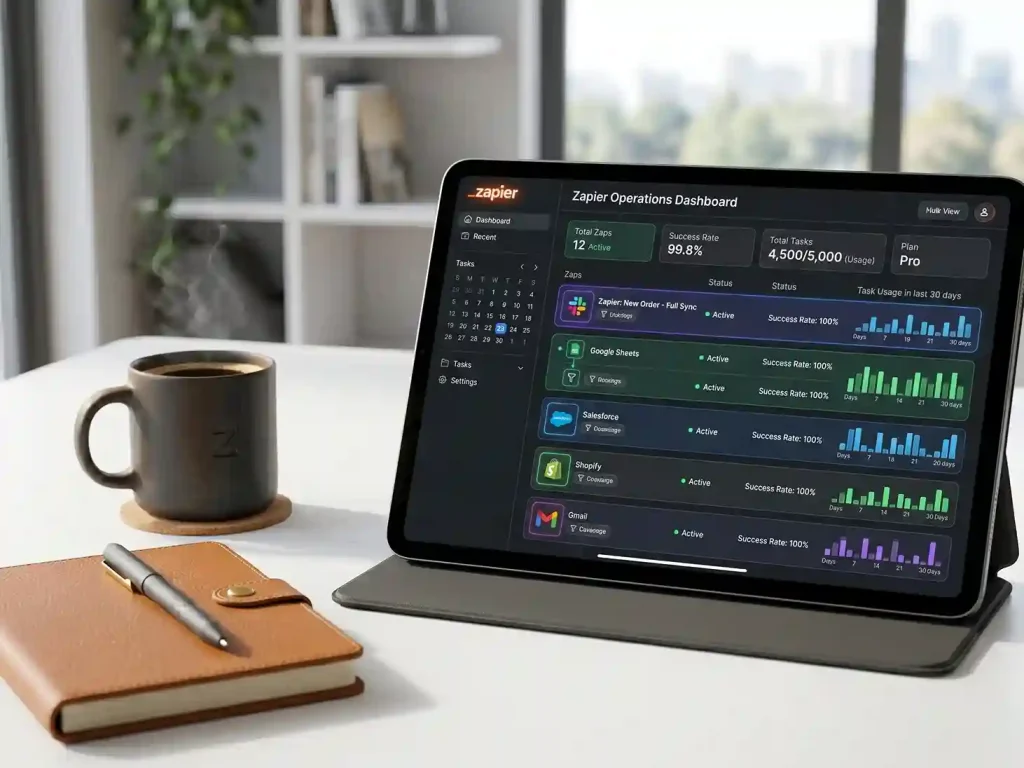 A tablet on a white desk with a coffee mug and notebook. The screen shows a Zapier Operations Dashboard with a 100% success rate and task usage bar graphs.