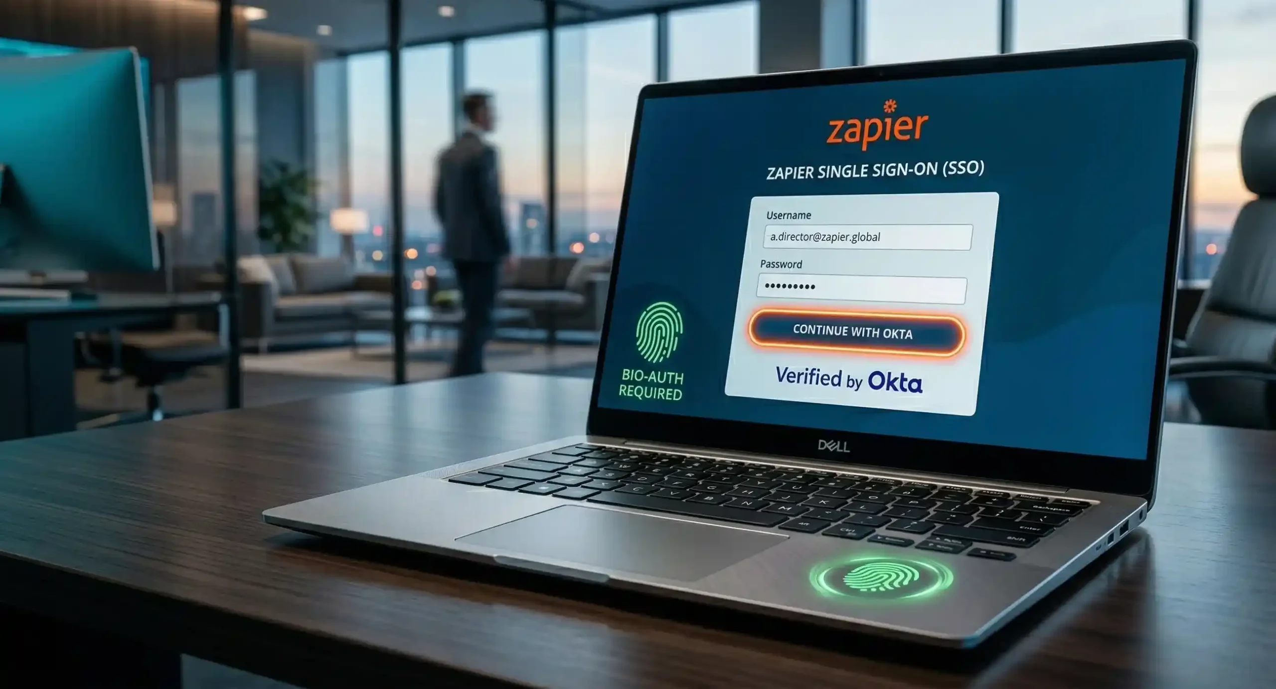 Close-up of a high-end laptop screen displaying a Zapier Single Sign-On (SSO) portal with a Verified by Okta badge and a glowing green biometric fingerprint scanner on the palm rest.