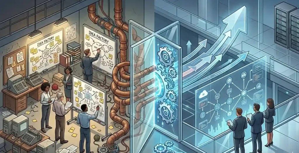 A professional isometric infographic contrasting chaotic manual work with streamlined automation. The left side shows a cluttered workspace with old computers and whiteboards, representing operational bottlenecks.