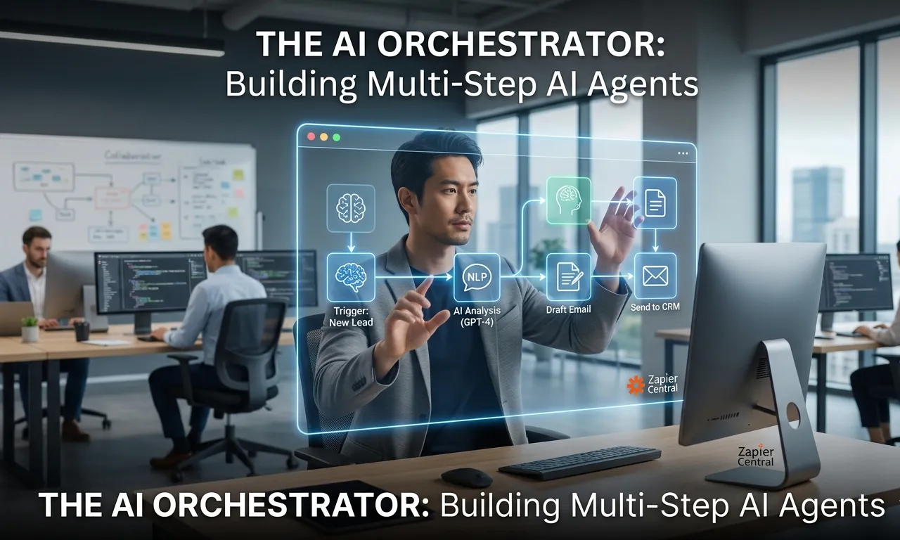 A professional in a modern office interacting with a holographic UI overlay displaying a multi-step AI workflow diagram, titled "The AI Orchestrator: Building Multi-Step AI Agents."