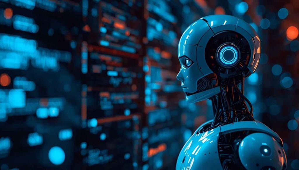 A high-tech, profile view of a sleek humanoid robot with white plating and visible internal mechanical components, standing against a dark background filled with glowing blue digital data displays and bokeh lights. The robot features a glowing blue circular light on the side of its head, emphasizing a futuristic and advanced artificial intelligence aesthetic.