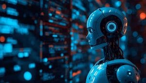 A high-tech, profile view of a sleek humanoid robot with white plating and visible internal mechanical components, standing against a dark background filled with glowing blue digital data displays and bokeh lights. The robot features a glowing blue circular light on the side of its head, emphasizing a futuristic and advanced artificial intelligence aesthetic.