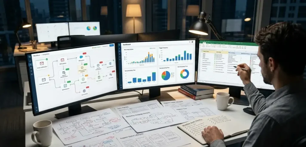 An analyst at a desk with three monitors auditing complex workflow automation diagrams, data charts, and spreadsheets, with printed flowcharts and a notebook spread out in front of him.