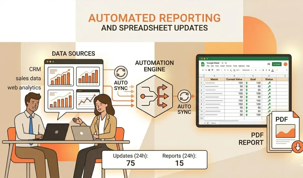 Illustrated workflow diagram showing automated reporting system: data sources (CRM, sales data, web analytics) feed into an automation engine that auto-syncs updates into a spreadsheet and generates PDF reports with performance metrics and status updates.