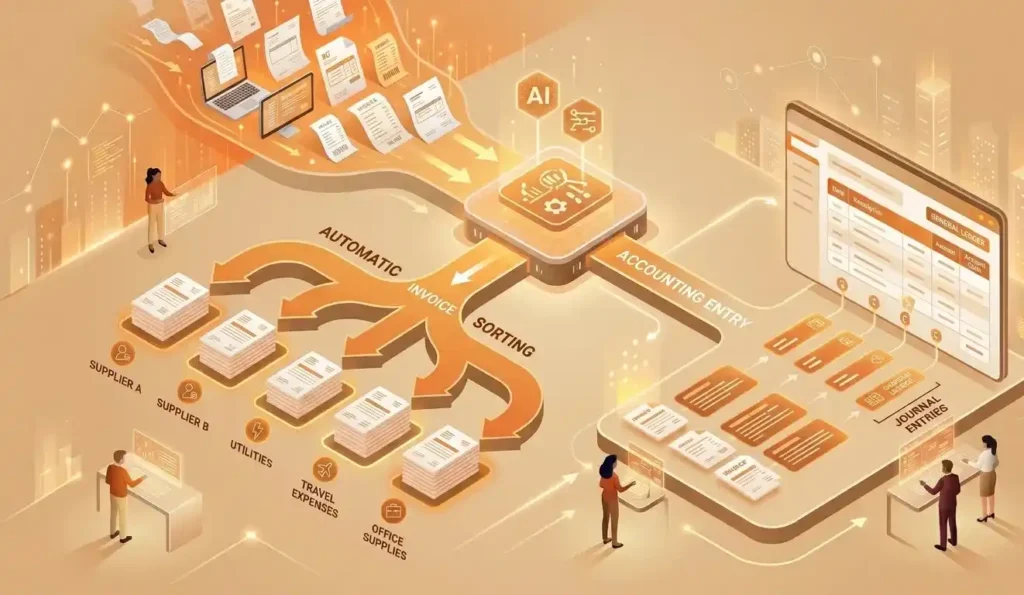 An isometric illustration of an automated accounts payable workflow. Invoices flow from an input stream into an AI processing engine, which simultaneously sorts them into categorized physical piles and automatically posts accounting data into a digital general ledger and journal.