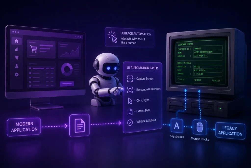 RPA surface automation interacting with legacy application interfaces through UI-based clicks, typing, and data entry workflows.