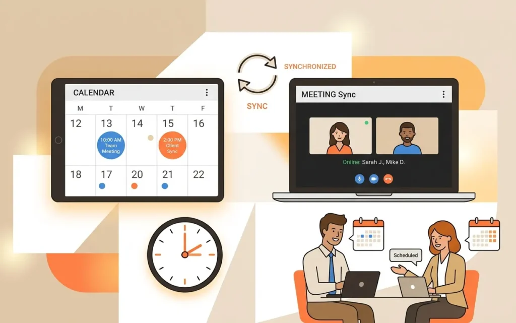 A clean, flat-design vector illustration depicting calendar and meeting synchronization, set against a modern geometric background of white, beige, and soft orange tones. The layout features a digital tablet displaying a monthly calendar with scheduled events on the left, and a laptop showing an active video conference with two participants on the right, linked by a circular synchronization arrow icon. Below, a minimal analog clock and a stylized illustration of two professionals collaborating at a table with laptops complete the workflow concept.